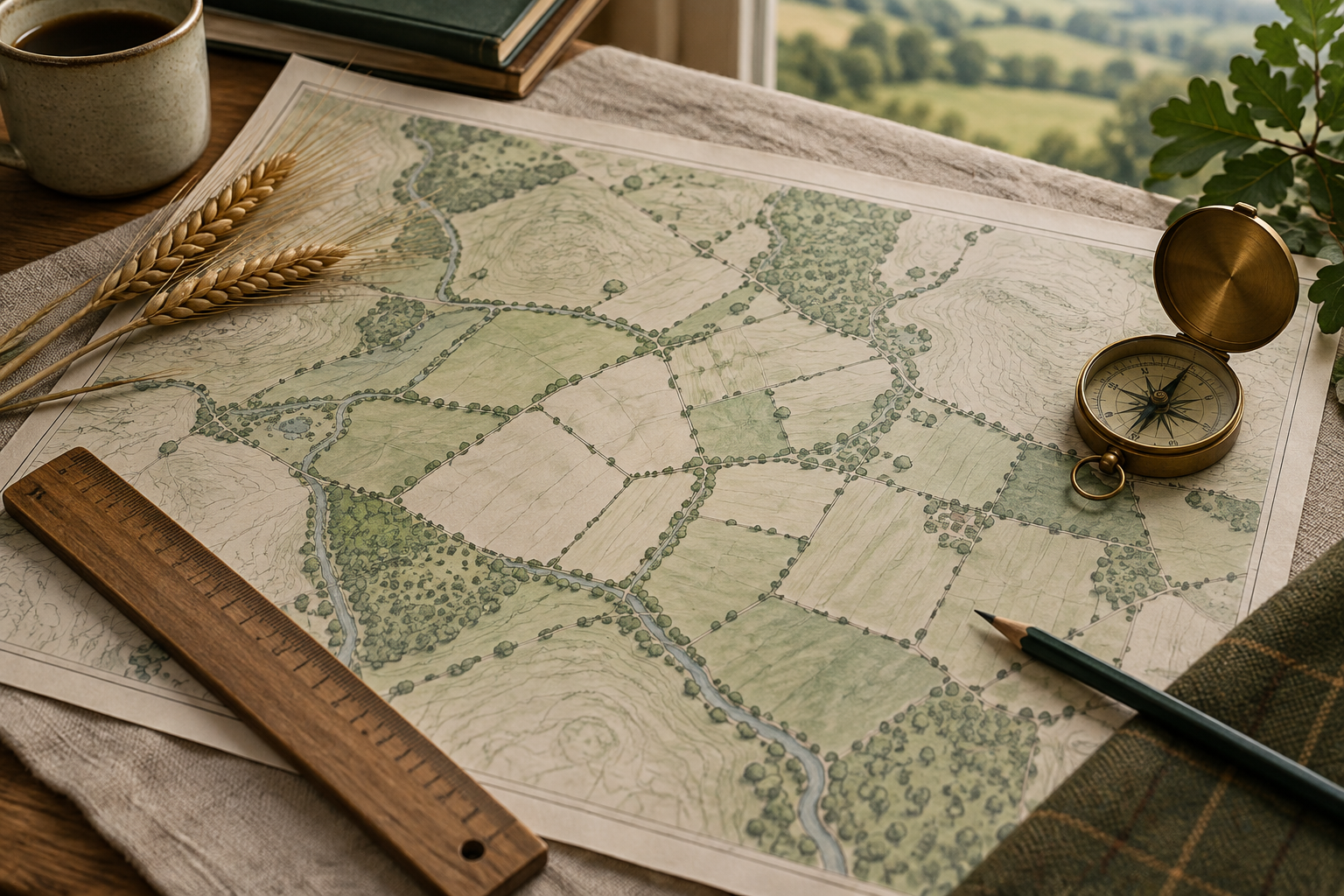 Map, compass and wheat on a rural planning desk